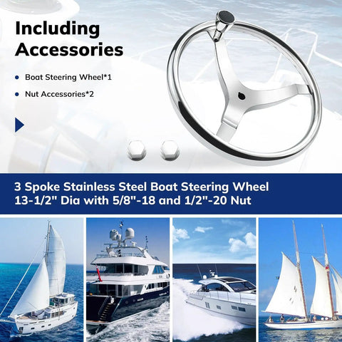 3 Spoke Stainless Steel Boat Steering Wheel With Turning Knob 13.5 Inch Diameter Marine Helm Wheel With Easy Grip And Dual Mounting Nuts