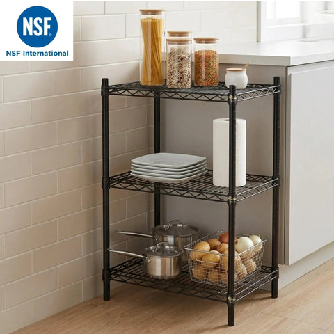 Heavy Duty Black Wire Shelving Unit With 3 Adjustable Tiers Rock Solid Construction in kitchen with plates, pots, and jars.