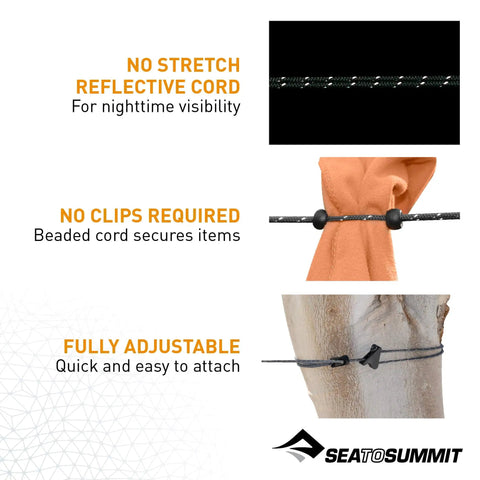 Lightweight Portable Camping And Travel Clothesline For Backpacking Hiking Bike Touring And More Quick To Attach With Hooks And Tensioners No Clothespins Needed Bead Grip Cords Secure Wet Gear Adjustable Length For Any Space on tree with beaded grip and reflective cord.