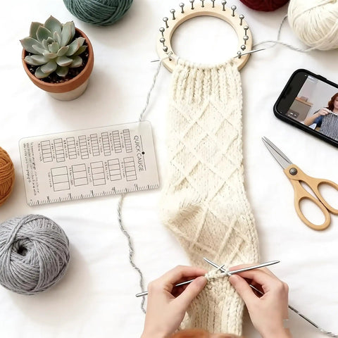 Super Crisp Acrylic Gauge Ruler For Knitting And Crochet No Sweat Stitch Measurement Guide With Transparent Grid on workspace.