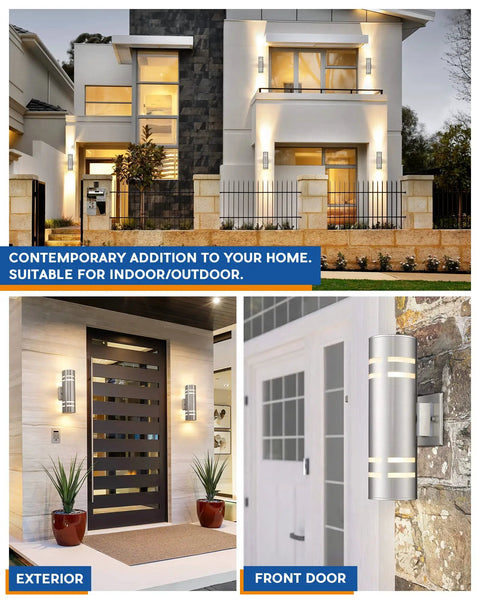 Modern home exterior with Outdoor Wall Sconce Waterproof Light Fixture For Porch And Patio Stainless Steel 304 Weatherproof Wall Mount.