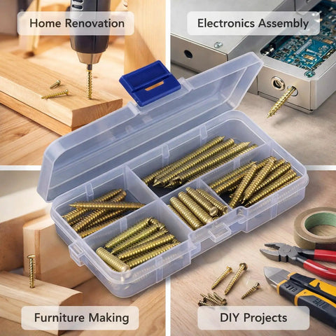 Pro Grade 80 Pcs Dowel Screws Set M5 Double Ended Hanger Bolts Zinc Plated Iron for woodworking, shown in storage box