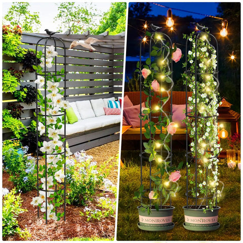 Adjustable 6.2Ft Garden Trellis For Climbing Plants And Vines Rustproof Metal Plant Support in daytime and nighttime garden setting