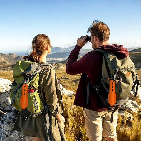 Hikers with backpacks featuring 3 In 1 Ultralight Backpacking Trowel Shovel And Potty Tool with ergonomic handle and orange design