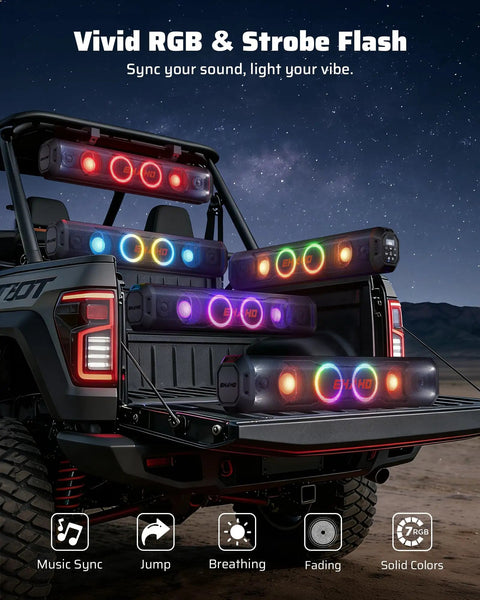 26 Inch Six Speaker UTV Sound Bar With Bluetooth And RGB And Strobe Lights displayed on ATV with vibrant lighting effects