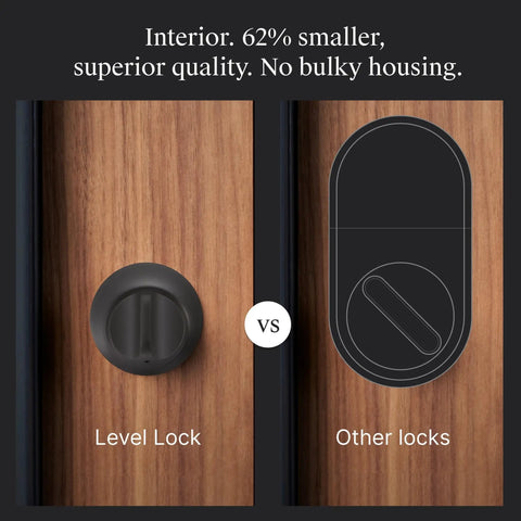 Smallest Smart Lock With Built-In Matter And Thread, Bluetooth, And Total Home Ecosystem Compatibility For Apple Home, Google Home, Amazon Alexa, And SmartThings, Matte Black Finish, shown on wooden door next to a larger competitor lock