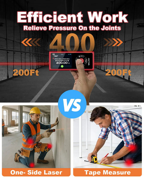 Pro-Grade Laser Measuring Tool for DIY and Home Projects, 400 Ft Range, Rechargeable Battery, Fast 1.5 Hour Charge, Up to 5 Hours of Use, Plus Minus 1/16 Inch Accuracy, Bubble Level for Precise Indoor Measurements, Handheld and Super Simple to Use, laser distance meter in hand