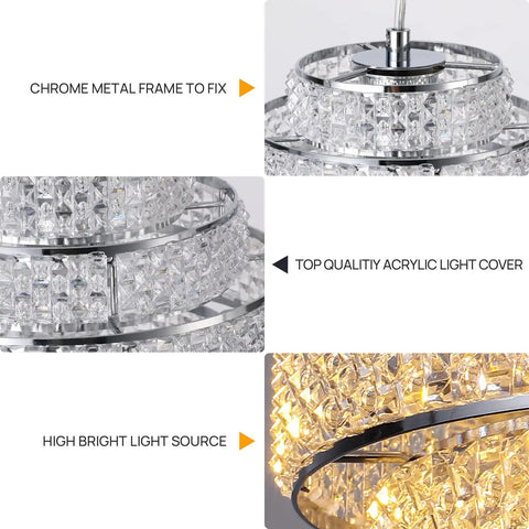 Chrome frame and acrylic cover details of Modern Pendant Light With Adjustable Height Acrylic Multilayer Lantern Chandelier Hanging Fixture For Kitchen Island Living Room And Bedroom 3 Pack Great For Dining Areas Ambience And Home Decor