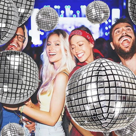 Metallic Silver Disco Balloons In Mixed Sizes 32-Inch, 22-Inch, And 10-Inch - 20 Count 4D Mylar Balloons For 70s 80s Disco Theme Parties