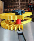 Heavy Duty Featherboard Stacking Spacer For Table Saw Resaw Setup with yellow design and black knob for thick lumber.