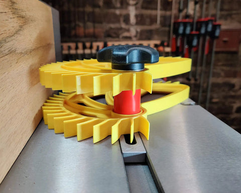 Heavy Duty Featherboard Stacking Spacer For Table Saw Resaw Setup with yellow design and black knob for thick lumber.
