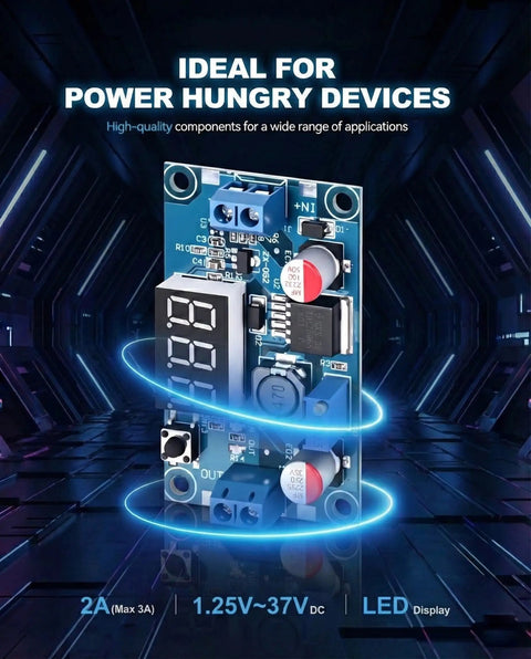 Adjustable DC Buck Converter Module With Digital Voltage Meter Display Input Four To Forty Volts Output One Point Two Five To Thirty Seven Volts Three Amps Pack Of Two Dope LED Readout For DIY Enthusiasts And Hobbyists feature view
