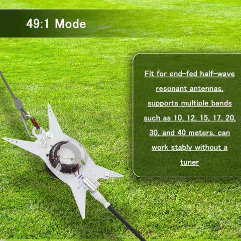 End Fed Half Wave Ham Radio Antenna with Dual 49 To 1 and 9 To 1 Impedance Wires on grassy field