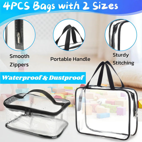 4 Packs Clear Storage Bags With Two Sizes PVC Reusable Storage Organizer With Zippers Waterproof And Dustproof Case