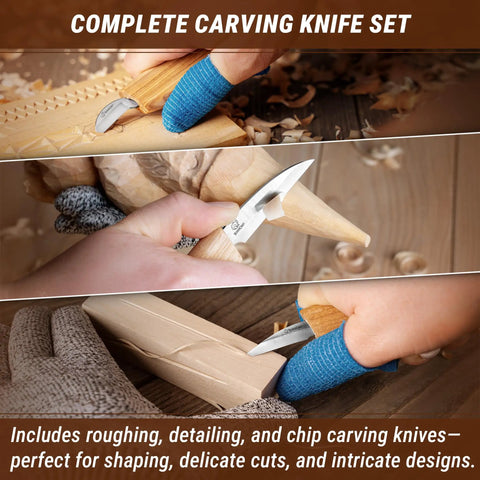 Pro Grade Beginner Friendly Wood Carving Kit For Beginners And Kids with detail, chip, roughing knives in action
