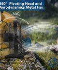 360° pivoting Go-To 16 Inch Rechargeable Outdoor Floor Fan with 15,600mAh Battery in camping setting