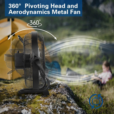 360° pivoting Go-To 16 Inch Rechargeable Outdoor Floor Fan with 15,600mAh Battery in camping setting