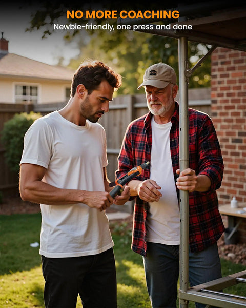 Get Your Hands On This Hardell 16 Inch Rivnut Tool Kit That Lets You Swap Mandrels Effortlessly With Zero Mess And Comes Packed With 110 Solid Nutserts Plus 11 Mandrels For M3 All The Way To M12 Making Any Metal Job A Breeze. Two men use a rivnut tool on a metal frame outdoors.