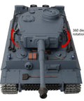 One Sixteenth Scale RC Tank With 2.4 GHz Radio Control Beefed Up Metal Road Wheels Tracks Sprockets Idle Wheel Steel Gearbox 5000mAh NiMH Battery 360 Degree Turret Airsoft Ready Realistic Metal Suspension front view showing 360 turret rotation
