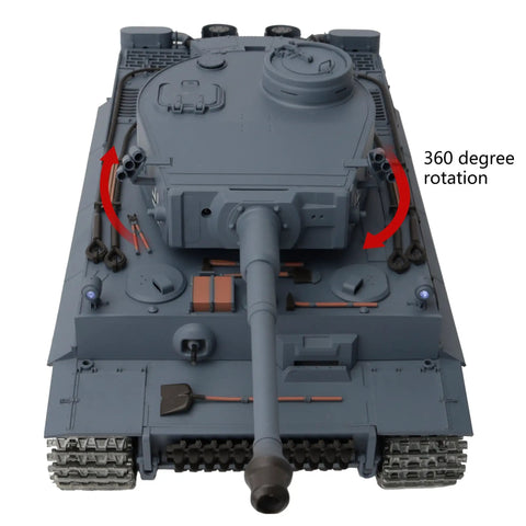 One Sixteenth Scale RC Tank With 2.4 GHz Radio Control Beefed Up Metal Road Wheels Tracks Sprockets Idle Wheel Steel Gearbox 5000mAh NiMH Battery 360 Degree Turret Airsoft Ready Realistic Metal Suspension front view showing 360 turret rotation