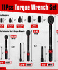 11 Piece Torque Wrench Set With Half Inch, Three Eighths Inch And Quarter Inch Drives, Dual Direction 72 Tooth Ratchet Handle