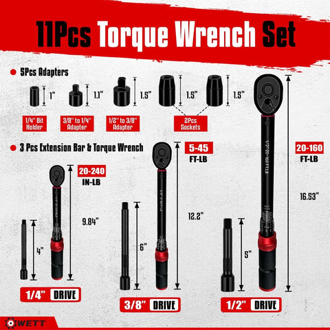 11 Piece Torque Wrench Set With Half Inch, Three Eighths Inch And Quarter Inch Drives, Dual Direction 72 Tooth Ratchet Handle