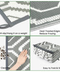 9x18 Reversible Outdoor Camping Rug Weatherproof Patio Mat For RV Beach Backyard Deck And Picnic Two Gray And White Patterns Flip For A Fresh Look In An Instant, showing features such as anti-slip, easy cleaning, heat treated edges, and folded storage.