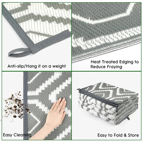 9x18 Reversible Outdoor Camping Rug Weatherproof Patio Mat For RV Beach Backyard Deck And Picnic Two Gray And White Patterns Flip For A Fresh Look In An Instant, showing features such as anti-slip, easy cleaning, heat treated edges, and folded storage.
