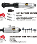 Beefed-Up 71-Piece Pneumatic Air Tool Kit With 1/2 Inch Impact Wrench, 3/8 Inch Ratchet, Air Hammer, Die Grinder, and Accessories
