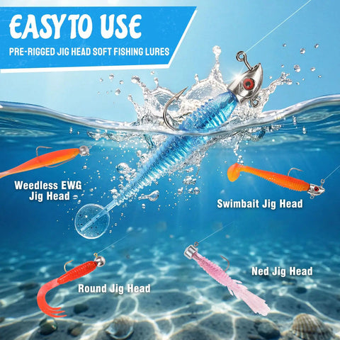 Beast All In One Bass Lures Tackle Kit with 211 pieces showing various pre-rigged jig heads underwater for freshwater fishing