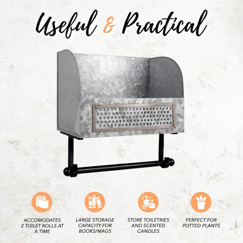Galvanized Toilet Paper Holder With Shelf For Farmhouse Bathroom Decor Durable Wall Mount Double Roll Tissue Holder With Rustic Vintage Country Style