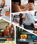 Collage showing 380 Piece Deluxe First Aid Kit With Bandages Gauze Rolls Instant Cold Packs And Emergency Blanket Compact Orange Kit used in office, home, cycling, camping, and vehicle settings.