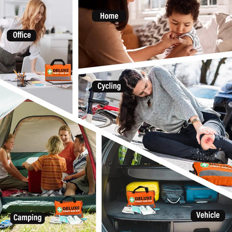 Collage showing 380 Piece Deluxe First Aid Kit With Bandages Gauze Rolls Instant Cold Packs And Emergency Blanket Compact Orange Kit used in office, home, cycling, camping, and vehicle settings.