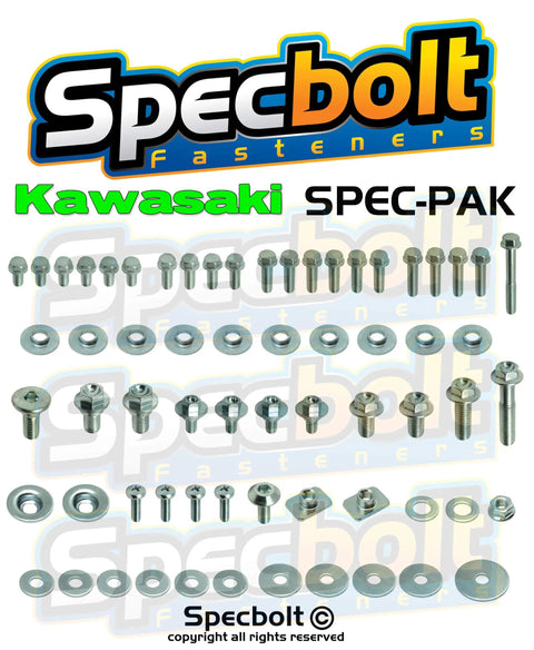 Factory Match Fastener Kit for Kawasaki Dirt Bikes KX KXF KLX KLR KDX, zinc plated bolts and washers displayed on white background.