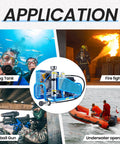 Beefy 4500 PSI PCP Air Compressor For Scuba Tanks And Paintball Gear shown in various applications including diving and firefighting.