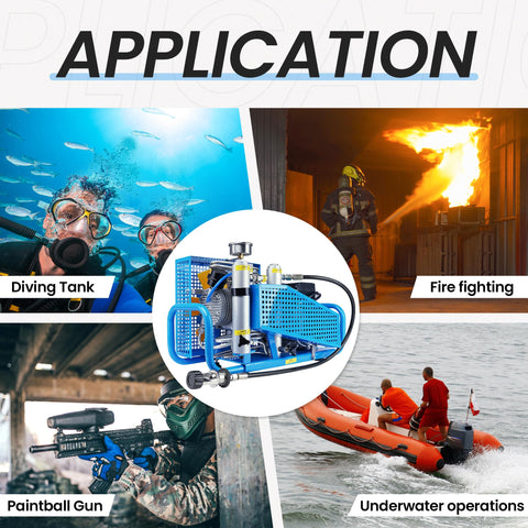 Beefy 4500 PSI PCP Air Compressor For Scuba Tanks And Paintball Gear shown in various applications including diving and firefighting.