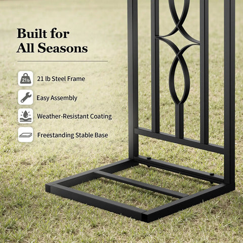 Close-up of heavy-duty metal garden arch enlarged base on grass, showing frame details and stability features.