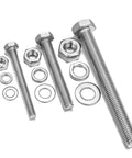 Tough As Nails 164 Piece Metric Hex Nut Bolt Assortment Kit, 304 Stainless Steel long bolts and washers arranged.
