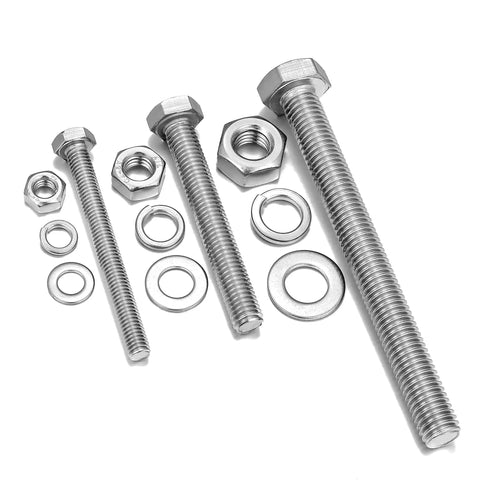 Tough As Nails 164 Piece Metric Hex Nut Bolt Assortment Kit, 304 Stainless Steel long bolts and washers arranged.