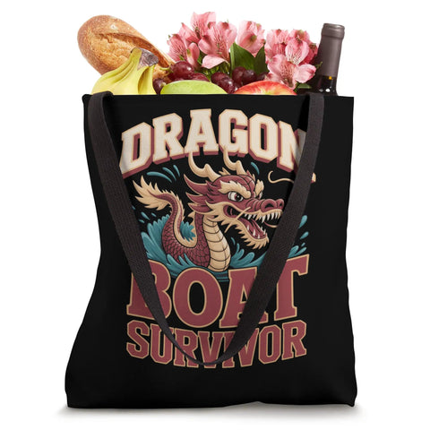 Survivor Dragon Boat Racing Tote Bag For Paddlers And Teams with dragon design, wide straps, filled with groceries and flowers.