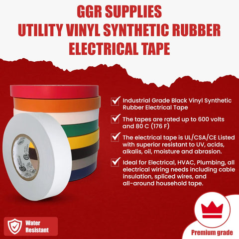 Stack of colorful utility vinyl synthetic rubber electrical tapes, including black, red, and green, for industrial use