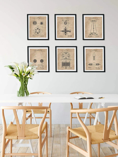 Dining room with Steampunk Patent Print Wall Art Set For Engineers 8x10 Unframed Prints Featuring Dope Electrical Coil Invention History.
