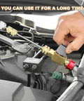 Rig Ready Shop Grade 6015 R134a Refrigerant Tank Adapter Paired With 6014 Vacuum Pump Connector Set in use on vehicle engine.