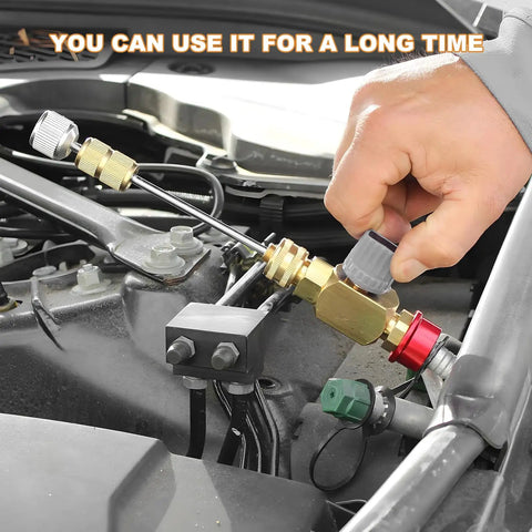 Rig Ready Shop Grade 6015 R134a Refrigerant Tank Adapter Paired With 6014 Vacuum Pump Connector Set in use on vehicle engine.