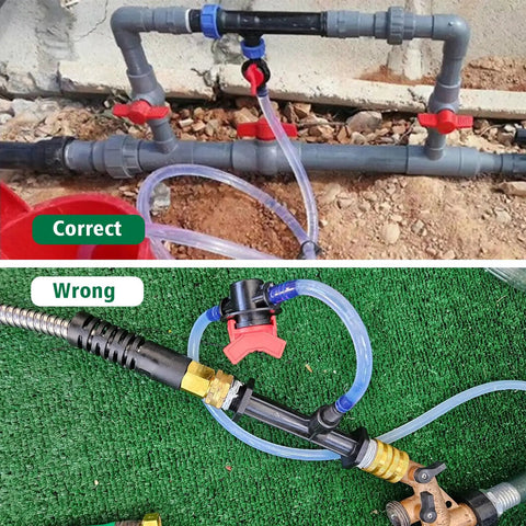 Correct and incorrect installation of Venturi Fertilizer Injector Kit Three Quarter Inch Water Inlet Outlet NPT for irrigation systems