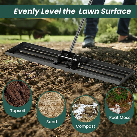 Heavy Duty Lawn Leveling Rake With 67 Inch Long Ergonomic Handle, 42 By 10 Inch Landscape Rake for soil leveling in garden