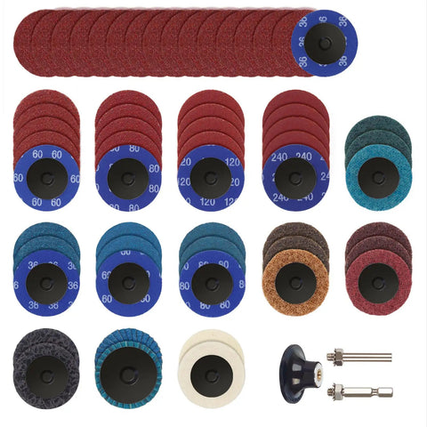 Workhorse 60 Piece 2 Inch Quick Change Sanding Discs Set With One Quarter Inch Holder For Die Grinder Includes Aluminum Oxide Grits From 36 To 240 Zirconium And Nonwoven Pads Mini Flap Discs And Rust Paint Removal Kit For Surface Prep, showing various sanding discs and holder.