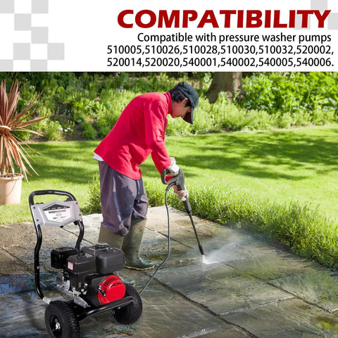 Person using a pressure washer on patio, compatible with Copper Water Inlet Connector for High Pressure Washer Pumps Three Eighths Inch Male to Three Quarters Inch Female Fitting Durable Corrosion Resistant Inlet Adapter Works With Pressure Washers And Garden Hoses.