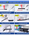 Instructional steps for installing 1/8" vinyl coated wire rope with terminals, showing cutting and crimping process