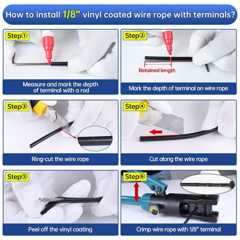 Instructional steps for installing 1/8" vinyl coated wire rope with terminals, showing cutting and crimping process